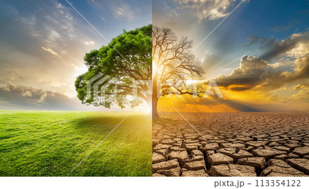 Half alive and half dead tree standing in the areas of landscape, The concept of climate has changed and Global warming 113354122