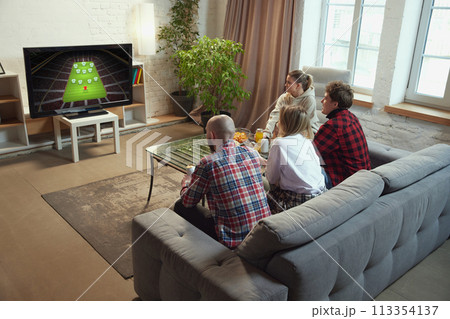 Young people, friends gathering at home, sitting on sofa and watching online football match translations, Sport fans cheering up team 113354137