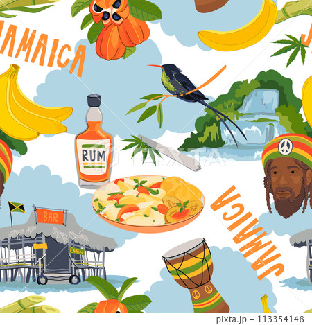 Seamless pattern in Rasta colors. Jamaican vector pattern. Rum, ackee fruit, hummingbird, waterfall, beach bar, rastafarian, giant drum in flat style on white background. 113354148