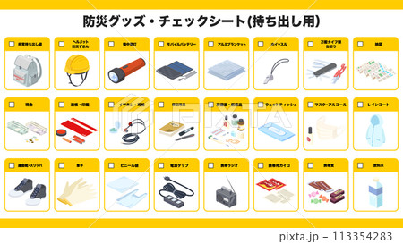 アイソメトリックで描いた防災グッズのチェックシート 113354283