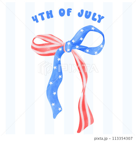 4th of July Coquette stars and stripes ribbon Bow Watercolor vector illustration. 113354307