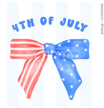 Coquette 4th of July stars and stripes ribbon Bows Watercolor vector illustration. 113354308