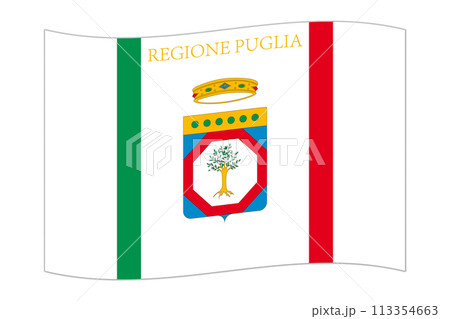 Waving flag of Apulia region, administrative division of Italy. Vector illustration. 113354663