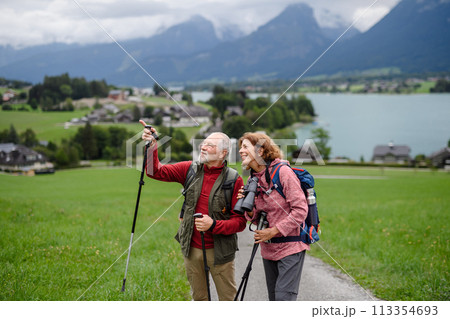 Portrait of active elderly couple hiking together in mountains. Senior tourists walking with trekking poles. 113354693