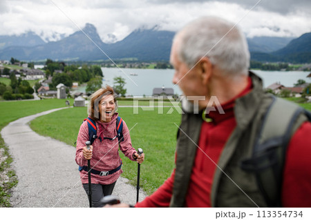 Portrait of active elderly couple hiking together in mountains. Senior tourists walking with trekking poles. Portrait of active elderly couple hiking together in mountains. Senior tourists walking with trekking poles. 113354734