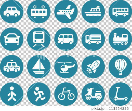 かわいいシンプルな交通、乗り物アイコンセット(白抜き丸ボタン) 113354836
