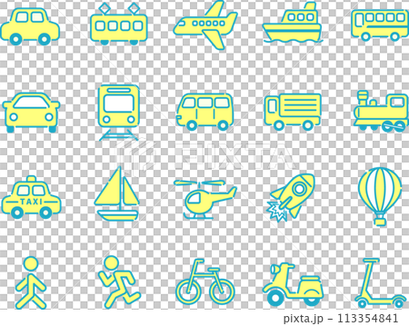 Cute simple transportation and vehicle icon set (blue and yellow two colors) 113354841
