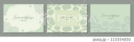 紫陽花 アジサイ 梅雨  hydrangea 素材セット フレーム 背景 ベクターイラスト シンプル 113354850