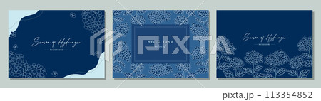 紫陽花 アジサイ 梅雨  hydrangea 素材セット フレーム 背景 ベクターイラスト シンプル 113354852