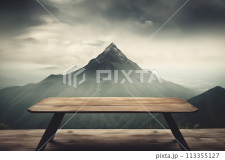Wooden table and mountains landscape in morning sky 113355127