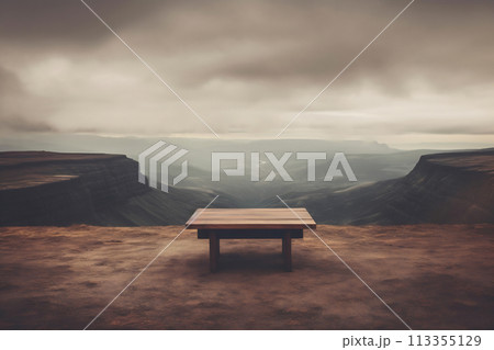 Wooden table and mountains landscape in morning sky 113355129