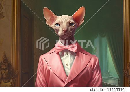Sphynx cat in a pink jacket and bowのイラスト素材 [113355164] - PIXTA