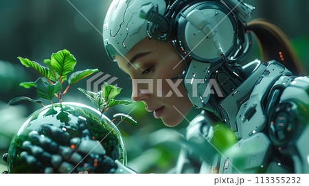 A robot stands gracefully in the midst of vibrant green nature. Green computing, Csr, IT Ethics, Nature technology interaction, and Environmental friendly. Generative Ai. 113355232