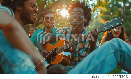 A group of interracial friends having fun with guitar and enjoying music at the park. Summer holidays, outdoor picnic A group of interracial friends having fun with guitar and enjoying music at the park. Summer holidays, outdoor picnic 113355568
