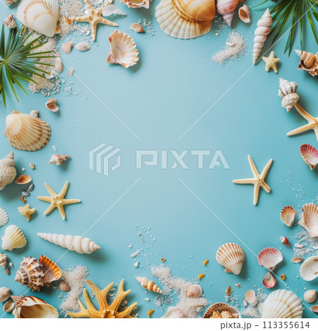 Sea shells, palm leaves, sand, sea star, sea salt on blue background. Square template with summer vibes. 113355614