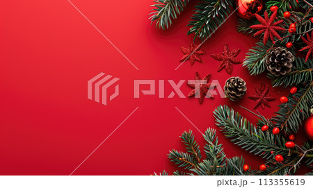 Fir branches with Christmas decoration on red background. Flat lay. Space for text. Red Christmas template for design Fir branches with Christmas decoration on red background. Flat lay. Space for text. Red Christmas template for design 113355619