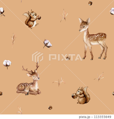 Watercolor seamless pattern with deer and squirrel forest animals and hazelnut. Cute childrens repeat wallpaper muted colored. Flowers and leaves isolated on background. Hand painted illustration 113355649