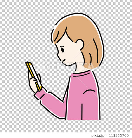 一個女人看著智能手機的插圖 113355700