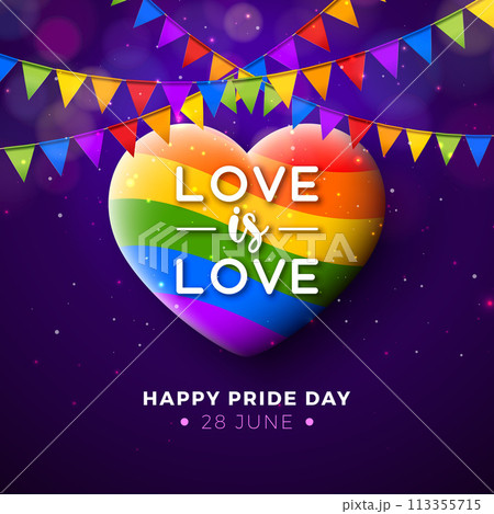 Happy Pride Day LGBTQ Illustration with Rainbow Heart and colorful Party Flag on Purple Background. 28 June Love is Love Human Rights or Diversity Concept. Vector LGBT Event Banner Design for Postcard Happy Pride Day LGBTQ Illustration with Rainbow Heart and colorful Party Flag on Purple Background. 28 June Love is Love Human Rights or Diversity Concept. Vector LGBT Event Banner Design for Postcard 113355715