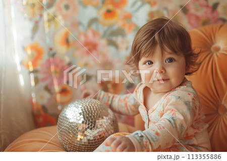Little child with disco ball on floral backdrop 113355886