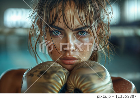 Determined female boxer resting in gym 113355887