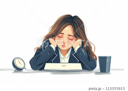 パソコンの前で頭を抱える女性 113355913