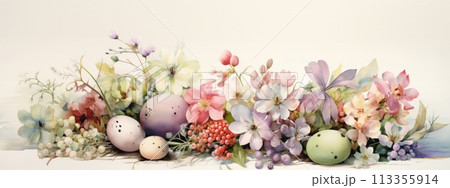 Elegant easter-themed floral display with pastel eggs amidst blossoms 113355914