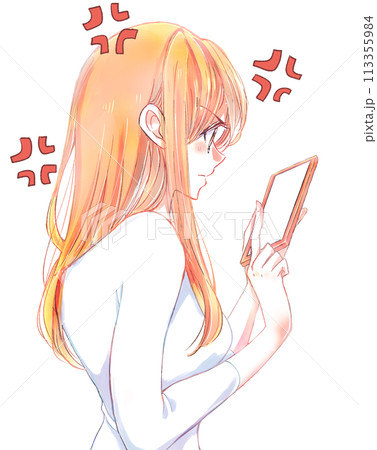 スマホを操作しながら怒っている女性　ムカつきマーク 113355984