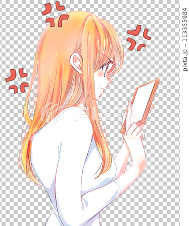 スマホを操作しながら怒っている女性　ムカつきマーク 113355984