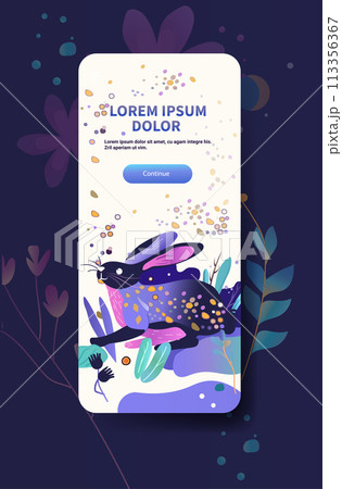 Happy Easter greeting card with rabbit and eggs spring holiday celebration card vertical copy space 113356367