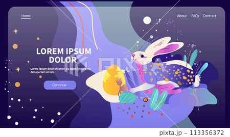 Happy Easter greeting card with rabbit and eggs spring holiday celebration card horizontal copy space 113356372