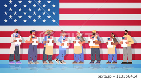 election day concept different occupations voters casting ballots at polling place during voting people holding paper ballots 113356414