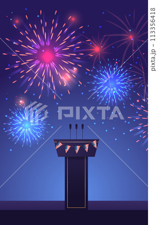 brightly colorful fireworks and stage stand or debate podium rostrum with microphones USA presidential election concept vertical brightly colorful fireworks and stage stand or debate podium rostrum with microphones USA presidential election concept vertical 113356418