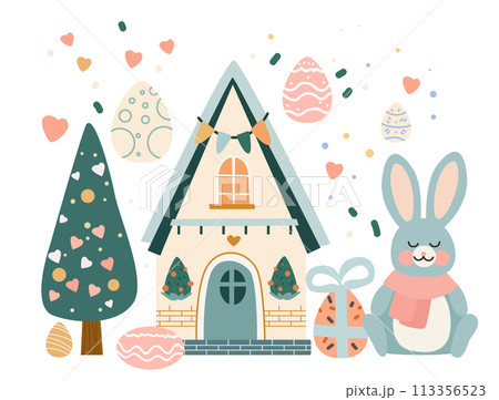 Happy Easter greeting card with rabbit and eggs in pastel colors spring holiday celebration card 113356523