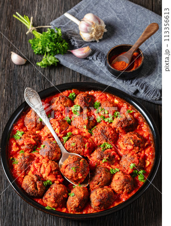Albondigas, mexican meatballs in dish, top view 113356613