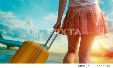 Legs of young woman with suitcase 113356630