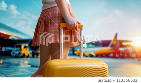 Legs of young woman with suitcase 113356632