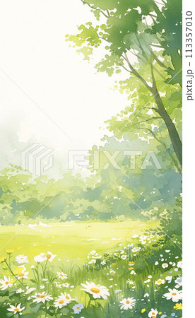 水彩で描いた白い花の咲く野原の風景 AI画像のイラスト素材 [113357010