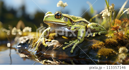 A small green frog sits near a pond. 113357146