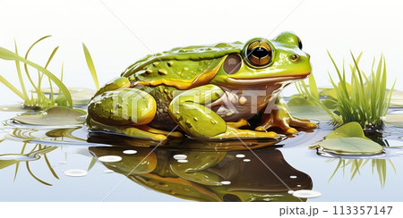 A small green frog sits near a pond. 113357147