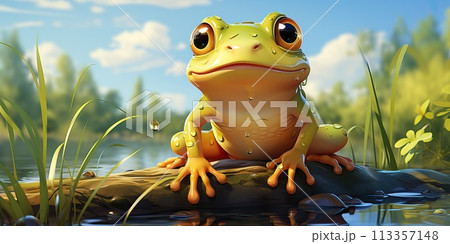 A small green frog sits near a pond. 113357148