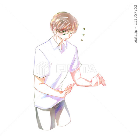 おどおどしている男性 苦笑い おどおどしている男性 苦笑い 113357252