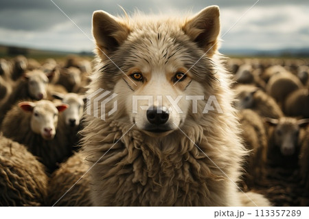 A wolf in sheep's clothing among sheep. 113357289