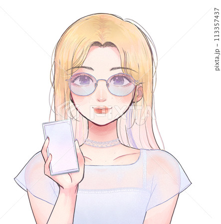 スマートフォンを見せる派手なファッションの女の子イラスト スマートフォンを見せる派手なファッションの女の子イラスト 113357437