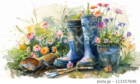 gardening, vintage rubber boots serving as a planter for assorted wildflowers 113357696