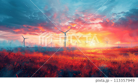 SDGsを意識した風力発電と夕日