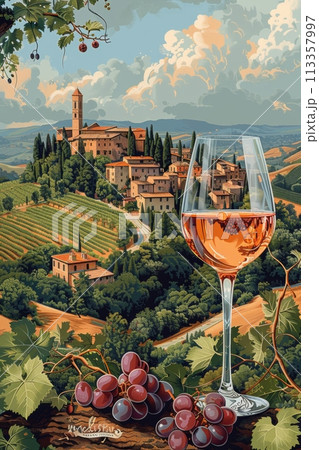 Tuscan Hills Winery I oil paint illustration 113357997