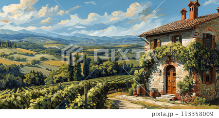 Tuscan Hills Winery I oil paint illustration 113358009