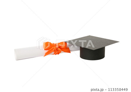 PNG, diploma and graduate hat, isolated on white background. PNG, diploma and graduate hat, isolated on white background. 113358449