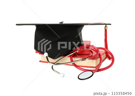 PNG, graduate hat with stethoscope, isolated on white background. PNG, graduate hat with stethoscope, isolated on white background. 113358450